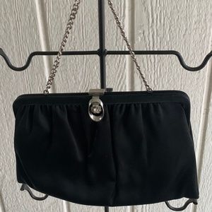 Vintage Andie Black Satin Evening Purse Clutch with Silver Embellishment